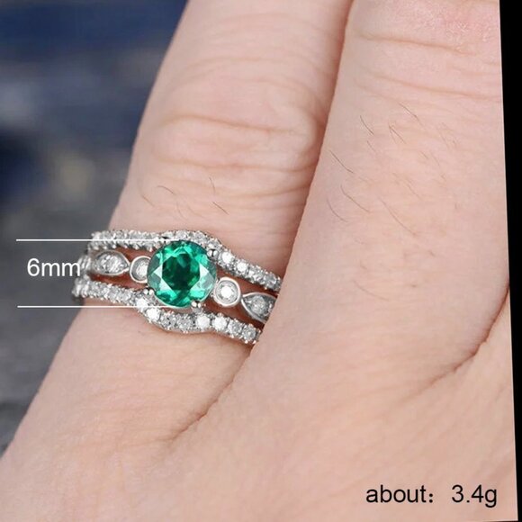 Three Layer Stack Green Gems Zircon Silver Rings for Woman, VP1346 - Picture 2 of 6